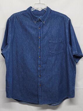 Puritan Mens Denim Shirt Button Down 3XL Short Sleeve Pocket Blue 100% Cotton